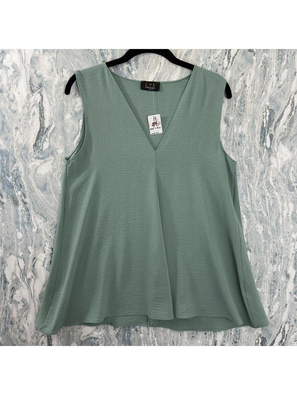 Designer Boho Sage Green Sleeveless V-Neck Top (M)